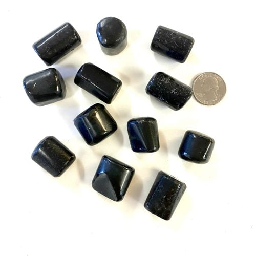Black Tourmaline Tumbled with Quarter for Scale