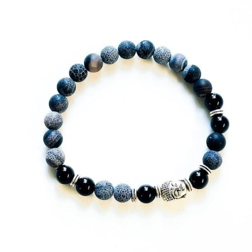 Men's Black Agate Frosted with Buddha Bracelet
