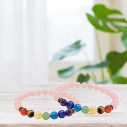 Rose Quartz Chakra Bracelet 8mm on table