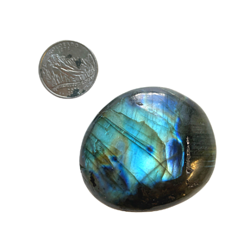 Labrodorite Palm Stone with quarter