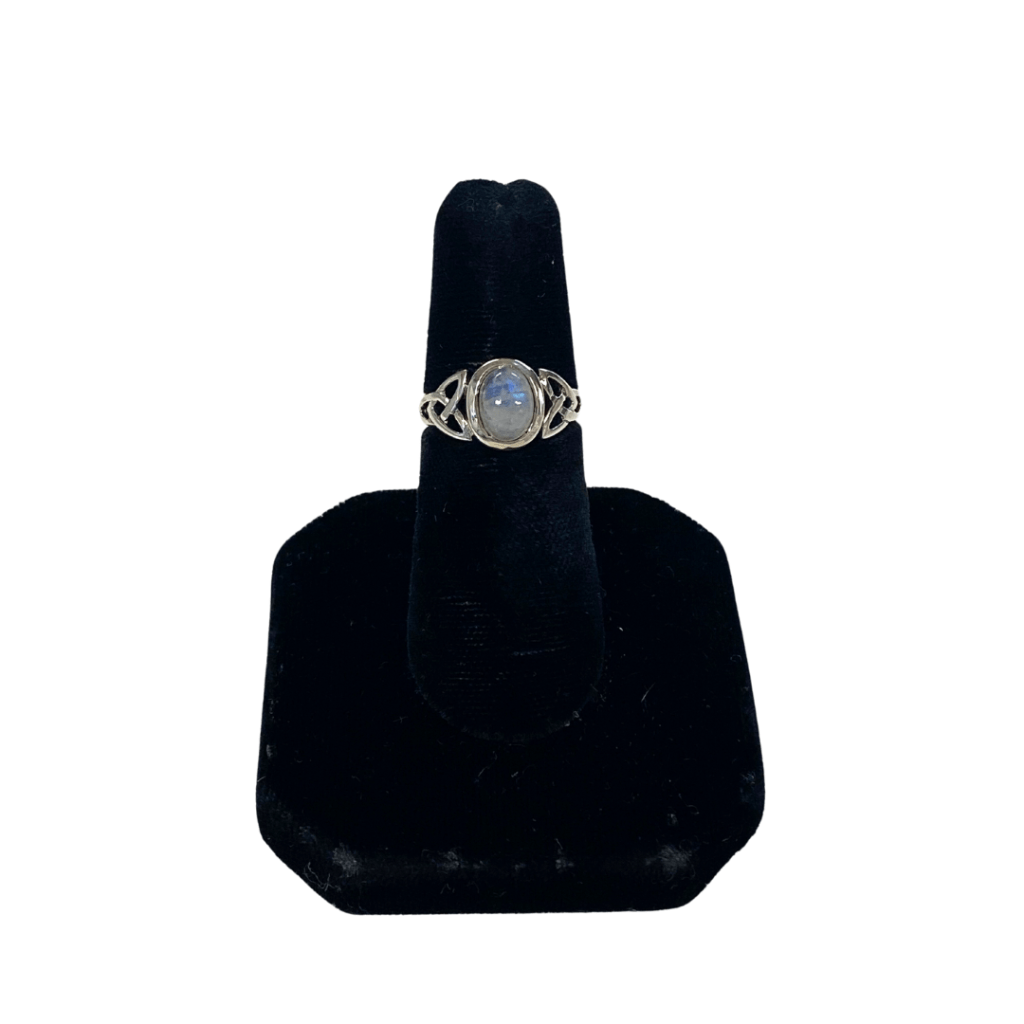 front view of Celtic moonstone ring size 6.5 on stand