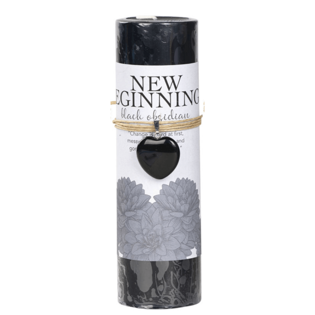 New Beginnings Candle with Black Obsidian Crystal Heart Pendant