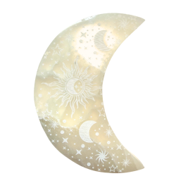 Selenite Crescent Moon engraved with Sun, Moon, and Stars approximately 5.5"