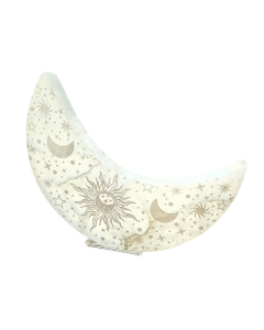 Selenite Crescent Moon engraved with Sun, Moon, and Stars