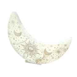 Selenite Crescent Moon engraved with Sun, Moon, and Stars approximately 5.5"