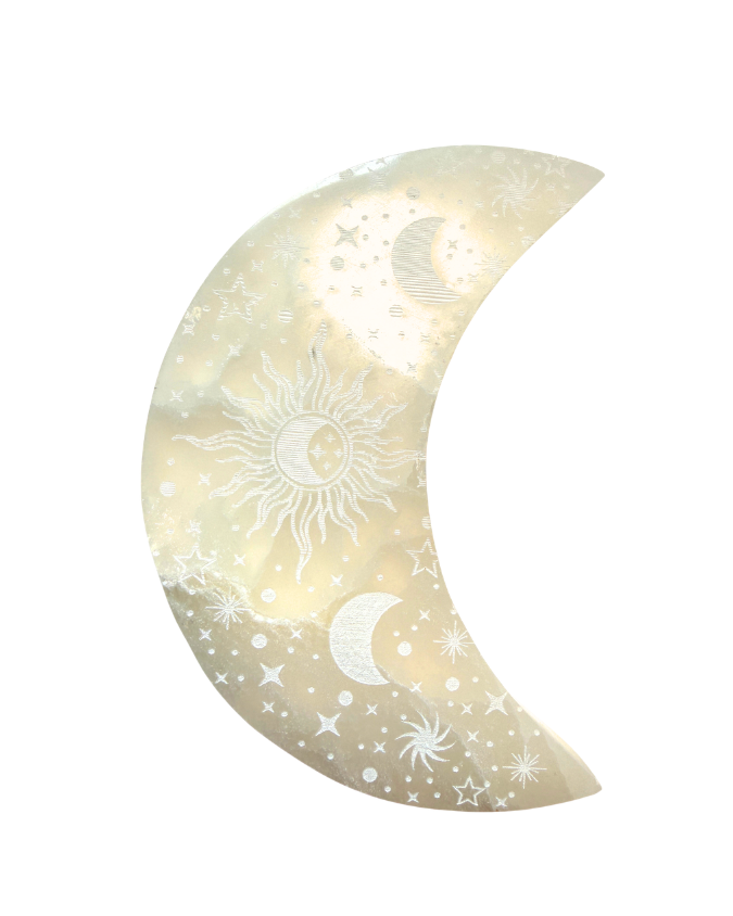 Selenite Crescent Moon engraved with Sun, Moon, and Stars approximately 5.5"
